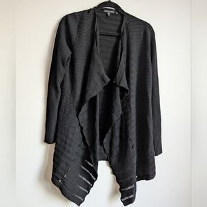 Eileen Fisher Merino Wool Asymmetrical Open Knit Striped Black Cardigan Sz S